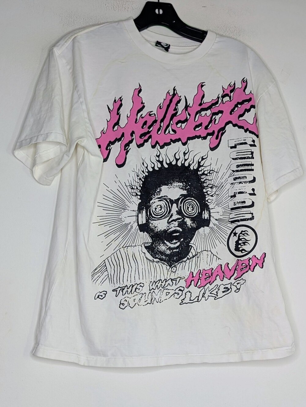 Hellstar Records T-shirt  'Is this what heaven Sounds like?' White Tee STAINS